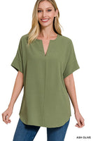 WOVEN AIRFLOW SPLIT NECK SHORT SLEEVE TOP