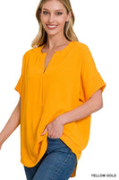 WOVEN AIRFLOW SPLIT NECK SHORT SLEEVE TOP
