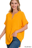 WOVEN AIRFLOW SPLIT NECK SHORT SLEEVE TOP