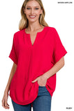 WOVEN AIRFLOW SPLIT NECK SHORT SLEEVE TOP