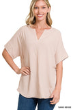 WOVEN AIRFLOW SPLIT NECK SHORT SLEEVE TOP